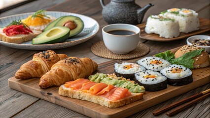 A delightful fusion breakfast platter featuring flaky croissants, sushi, avocado toast, and a side of tea