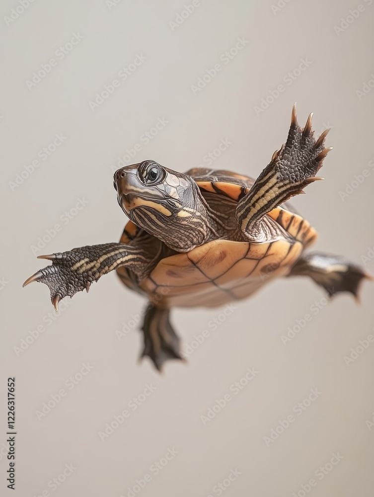 Poster a graceful turtle swimming underwater with intricate shell patterns, showcasing vibrant colors and l