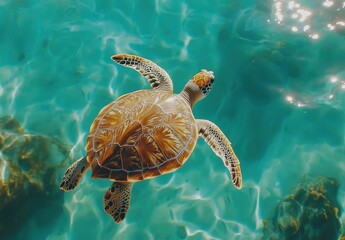 Fototapeta premium A Graceful Sea Turtle Swimming in Crystal Clear Turquoise Water Above Colorful Coral Reefs in a Tropical Underwater Paradise