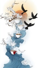 An enchanting design depicts steaming cups of coffee floating along a winding river, surrounded by cherry blossoms and flying birds against a sunset backdrop, creating a serene atmosphere