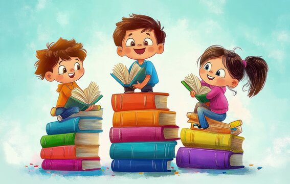 Children Reading Together on Colorful Books in a Playful Cartoon Style