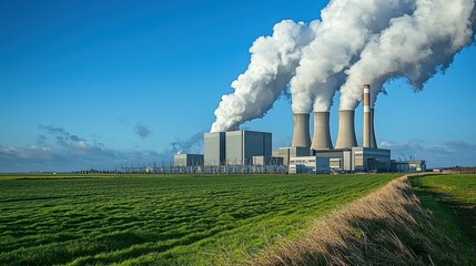 A modern city skyline with nuclear power plants in the background, showcasing the role of nuclear energy in urban power infrastructure and its relevance to energy stock investments