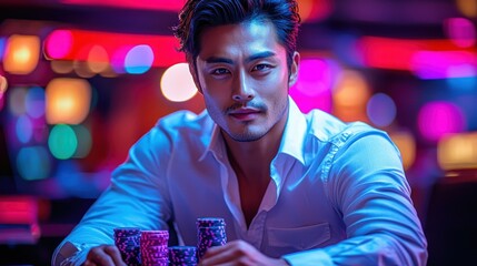 Poker Night: A Man's Intense Focus in a Vibrant Casino