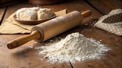 Rustic wooden rolling pin and pile of flour on a wooden surface, ready for baking