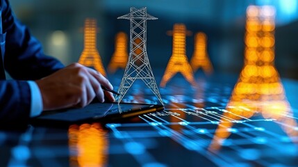 A financial trader using a tablet to track energy stocks, surrounded by digital representations of power grids and energy sources, symbolizing the influence of energy trading on the market