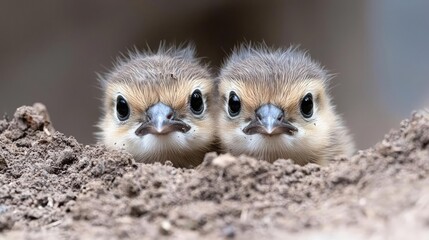 Fototapeta premium Two baby birds peering from nest in soil. Wildlife nature photography for websites or blogs