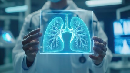 Doctor holding hologram of human lungs for diagnosis