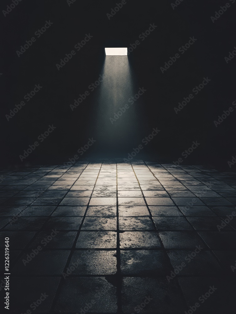 Poster dark room with single light source illuminating tiled floor. (1)