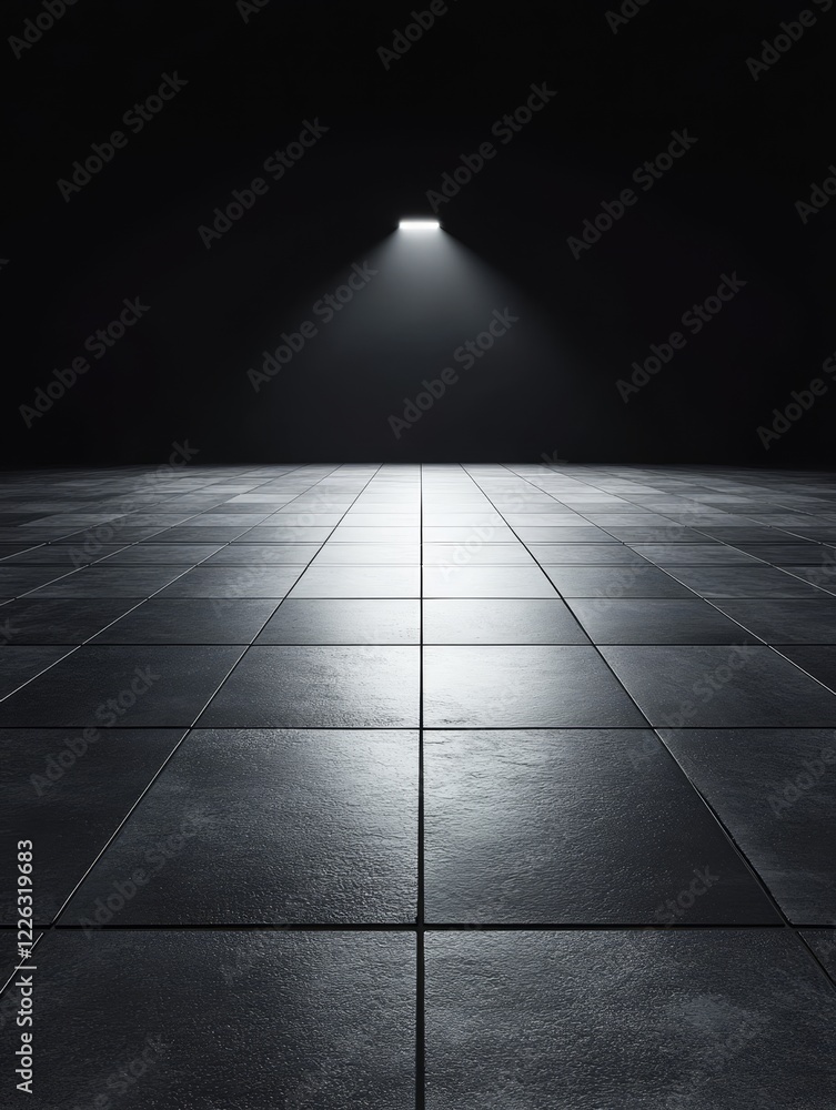 Poster dark room with single light source illuminating tiled floor.