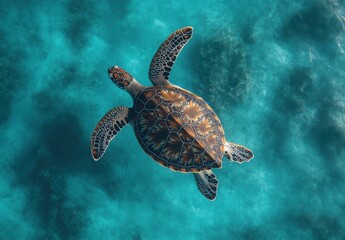 Obraz premium Aerial View of a Majestic Sea Turtle Swimming Gracefully in Crystal Clear Tropical Waters Surrounded by Colorful Coral Reef and Soft Ocean Waves