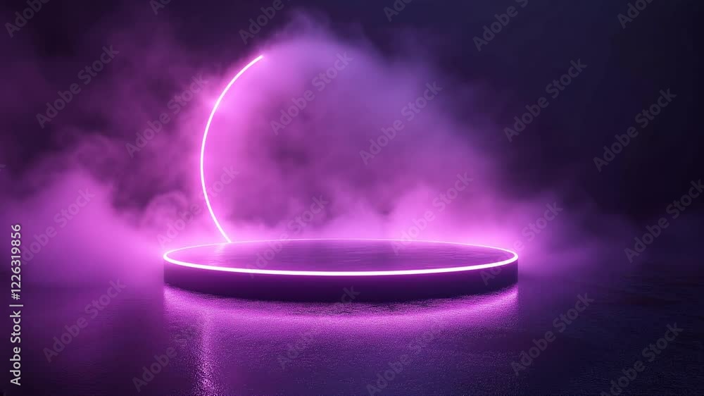 Poster illuminated circular platform with neon glow in misty environment