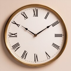 Gold-framed wall clock with Roman numerals showing the time.