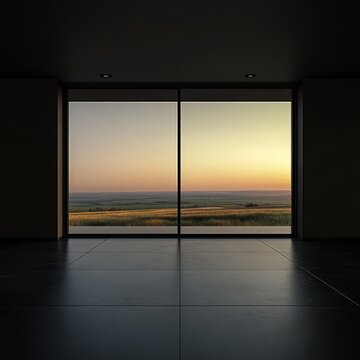 Fototapeta Sunset view through large window in modern room.
