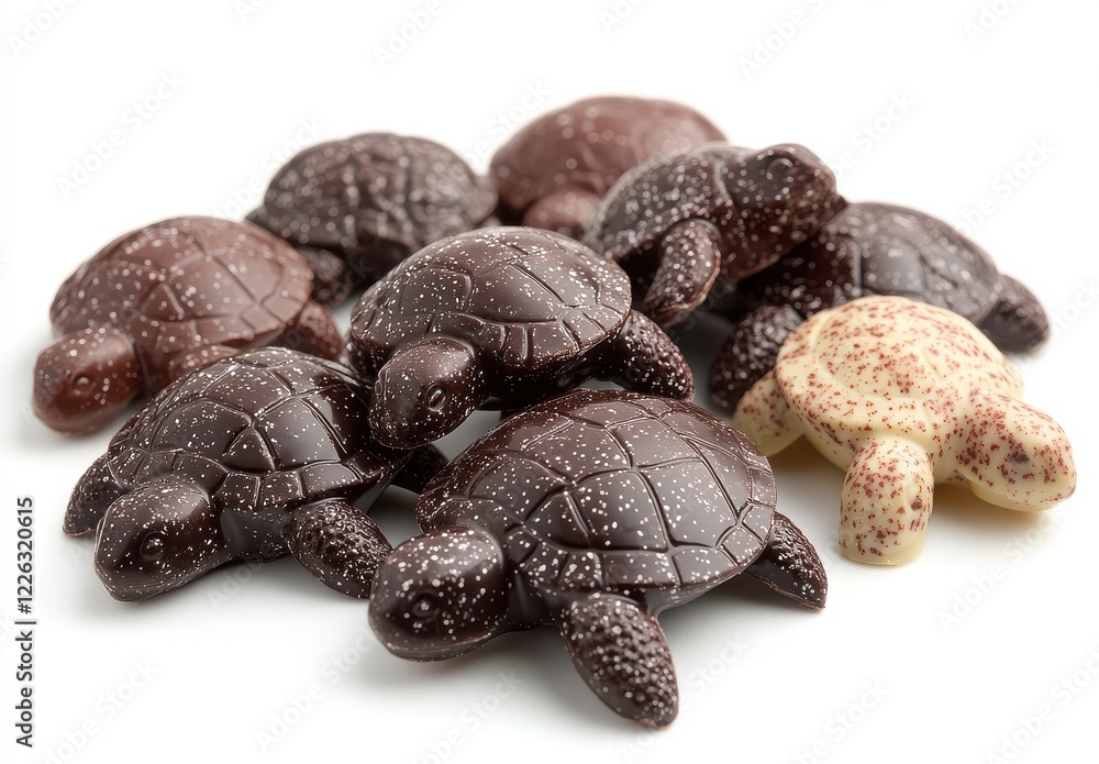 Aufkleber assorted chocolate turtles in various colors and patterns on white background perfect for sweet trea