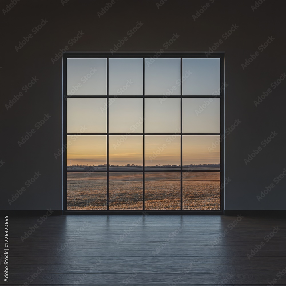 Poster sunset view through large window in empty room. (1)