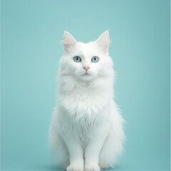 A white fluffy cat sitting in a calm, poised manner, front-facing view
