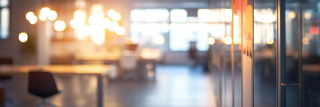 Blurred background of a modern coworking space showcasing sleek black furniture and abundant natural light. ideal for productivity and collaboration in a stylish environment.