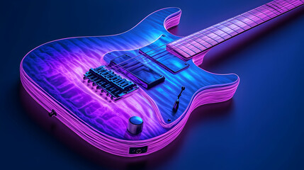 Obraz premium Electric guitar glowing in vibrant purple and blue neon light, close-up studio shot. Perfect for music, concert, or technology themes.