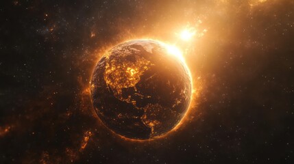 Obraz premium Fiery sunrise over burning Earth in space.