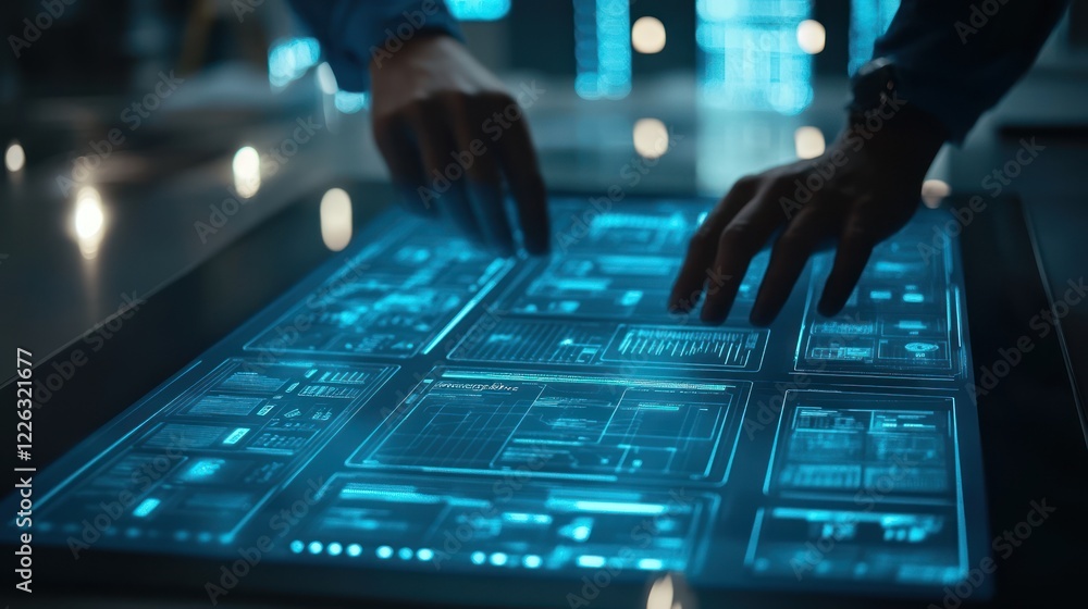 Poster hands interacting with futuristic touchscreen interface.