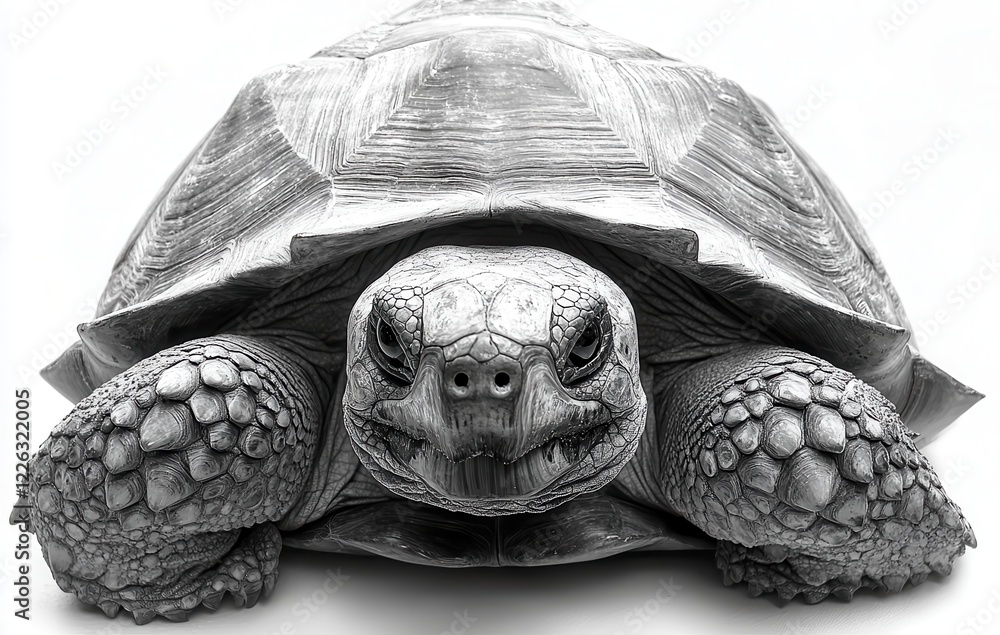 Poster black and white close-up of a turtle displaying intricate details on its shell and face, showcasing 