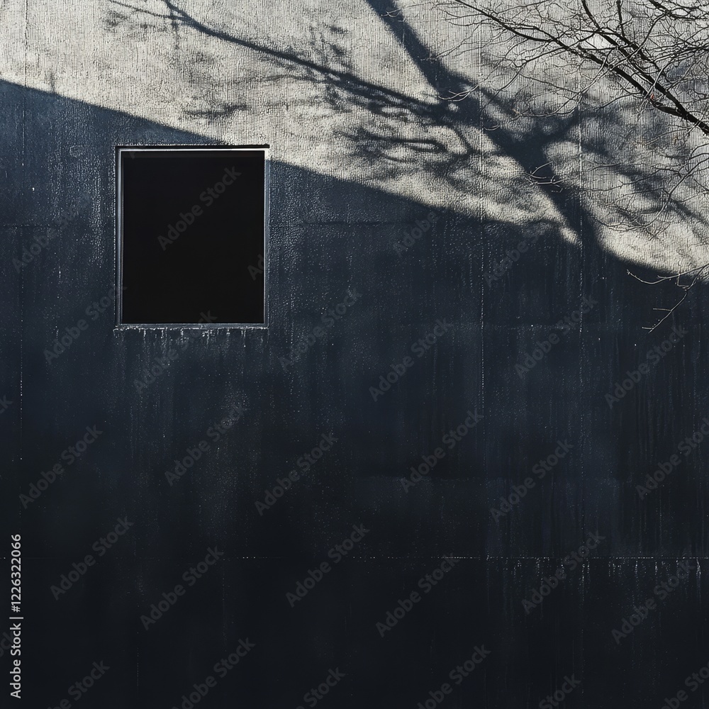 Poster dark wall with small square window and tree shadows.