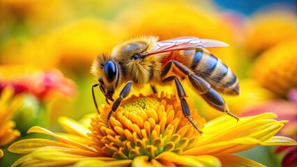 Fototapeta premium Honeybee Nectar Collection, Yellow Flower, Macro Photography, High Depth of Field, Insect, Pollination, Closeup, Nature, Wildlife, Spring,