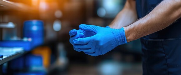 Worker puts on blue gloves in factory. Safety, hygiene