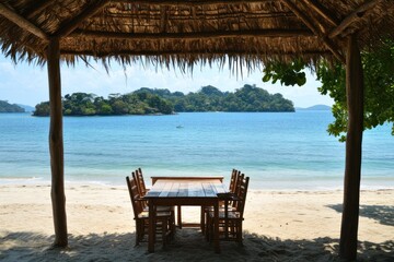 Tropical beach dining, island view, tranquil ocean, sandy setting, vacation