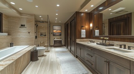 A luxury bathroom featuring a double vanity and designer accessories, with a focus on the sanitized environment, showcasing how cleanliness is key to preserving the luxury experience