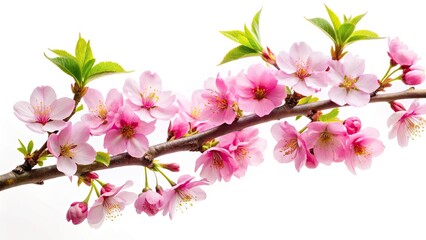 Isolated Cherry Blossom Branch, Spring Fruit Tree Sprout, Aerial Photography, White Background, High-Resolution Image