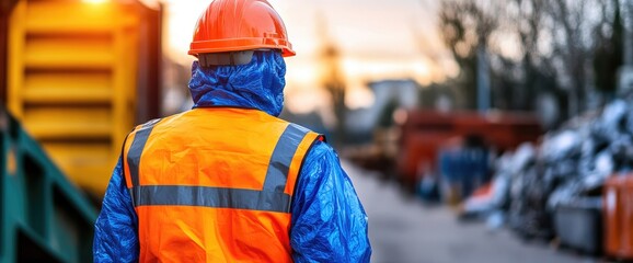 Worker safety, industrial site, sunset, scrap metal