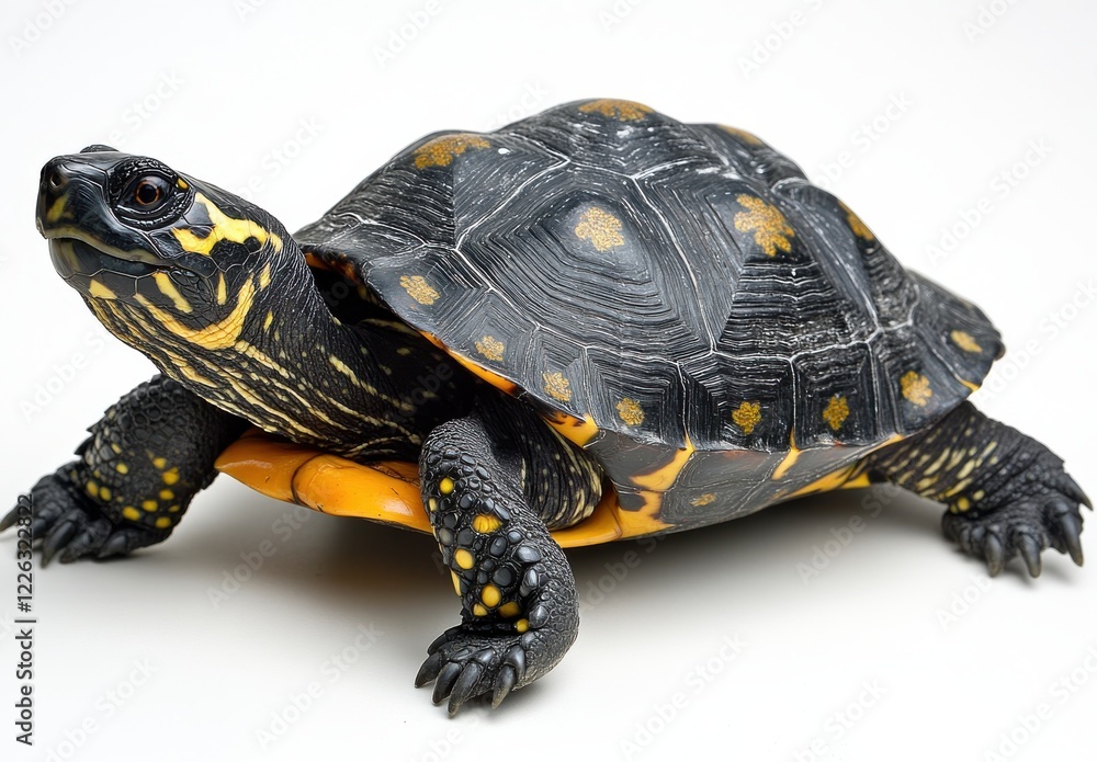 Poster captivating close-up of a colorful and detailed tortoise with vibrant yellow and black patterns on a