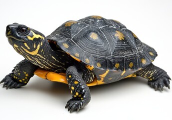 Fototapeta premium Captivating Close-Up of a Colorful and Detailed Tortoise with Vibrant Yellow and Black Patterns on a White Background