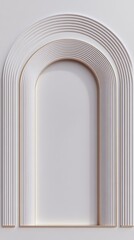 Illustrate a 3D-rendered arch-shaped frame with a smooth gradient white interior, outlined by thin gold accents. 