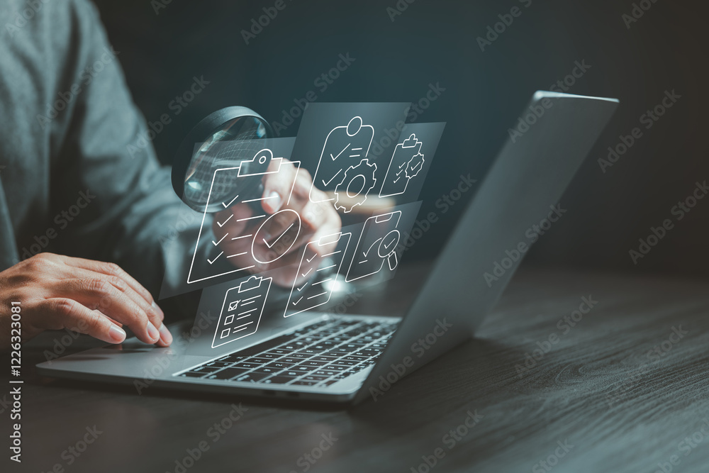 Aufkleber Thorough analysis: Enhancing productivity with digital workflow optimization. Efficient task management: Streamlining processes with technology.