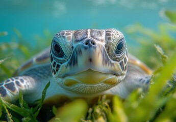 Fototapeta premium Captivating Close-Up of a Sea Turtle Surrounded by Vibrant Green Seagrass in Crystal Clear Waters Under Bright Sunlight