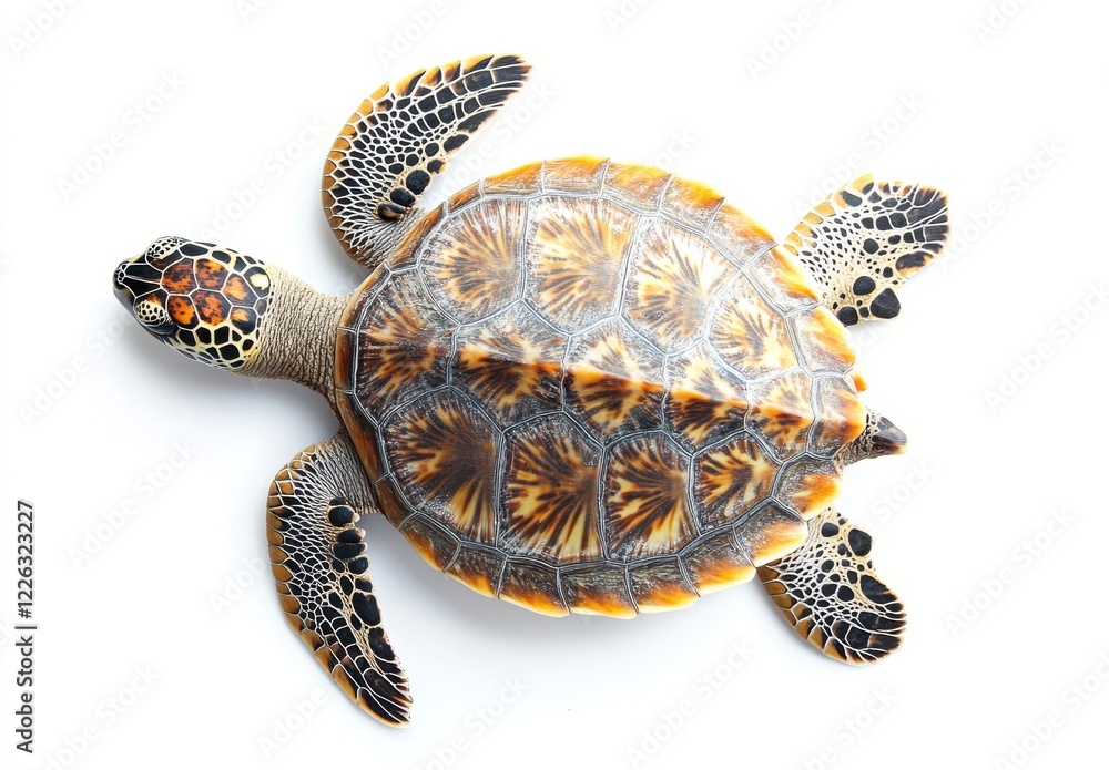 Poster captivating marine turtle displaying stunning shell patterns on a white background for nature and wi