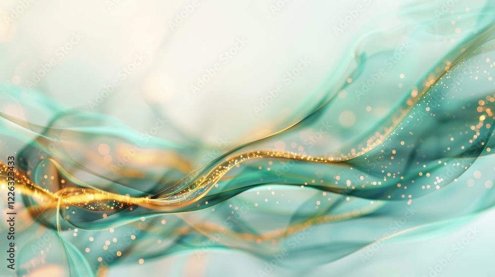 Poster fluid green and gold waves intertwine, creating a mesmerizing display of movement and light with a s