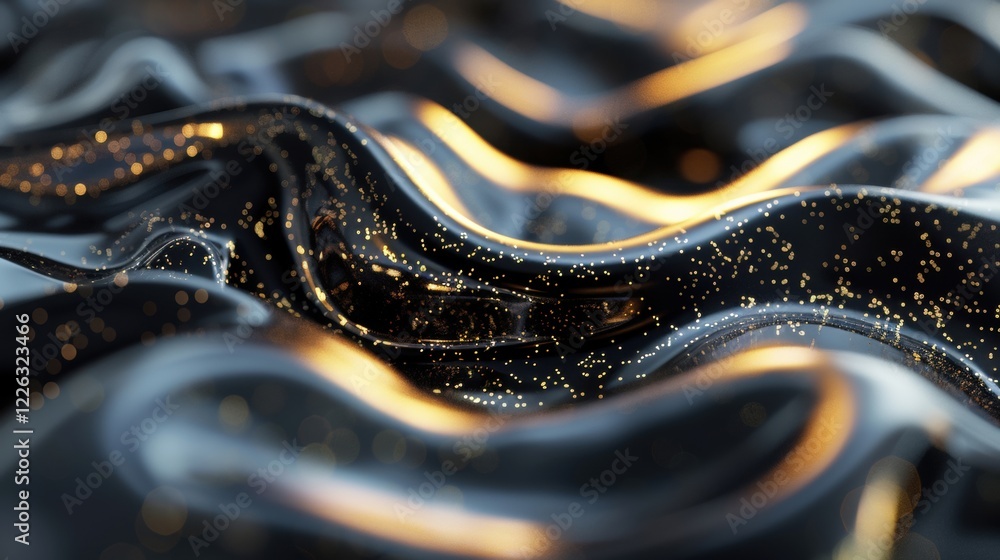 Poster flowing metallic liquid waves with shimmering particles create a mesmerizing abstract effect, reflec