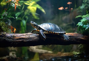 Fototapeta premium Captivating Turtle on a Log Surrounded by Lush Greenery in a Tranquil Aquatic Environment with Natural Light Streaming Through Water