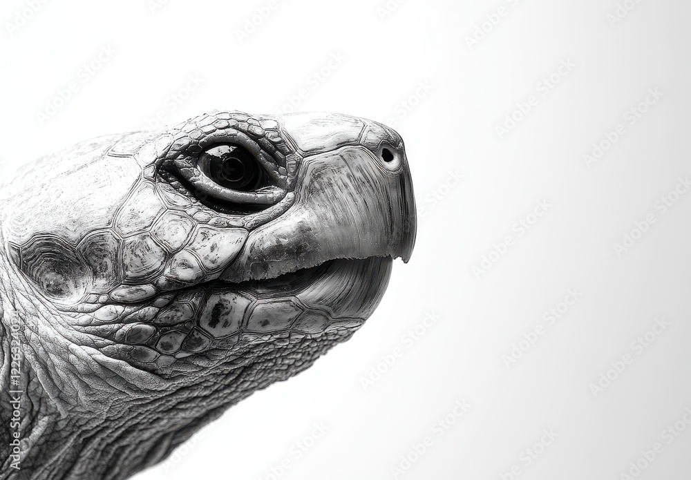 Poster close-up black and white portrait of a tortoise's head with intricate shell texture and distinct fea