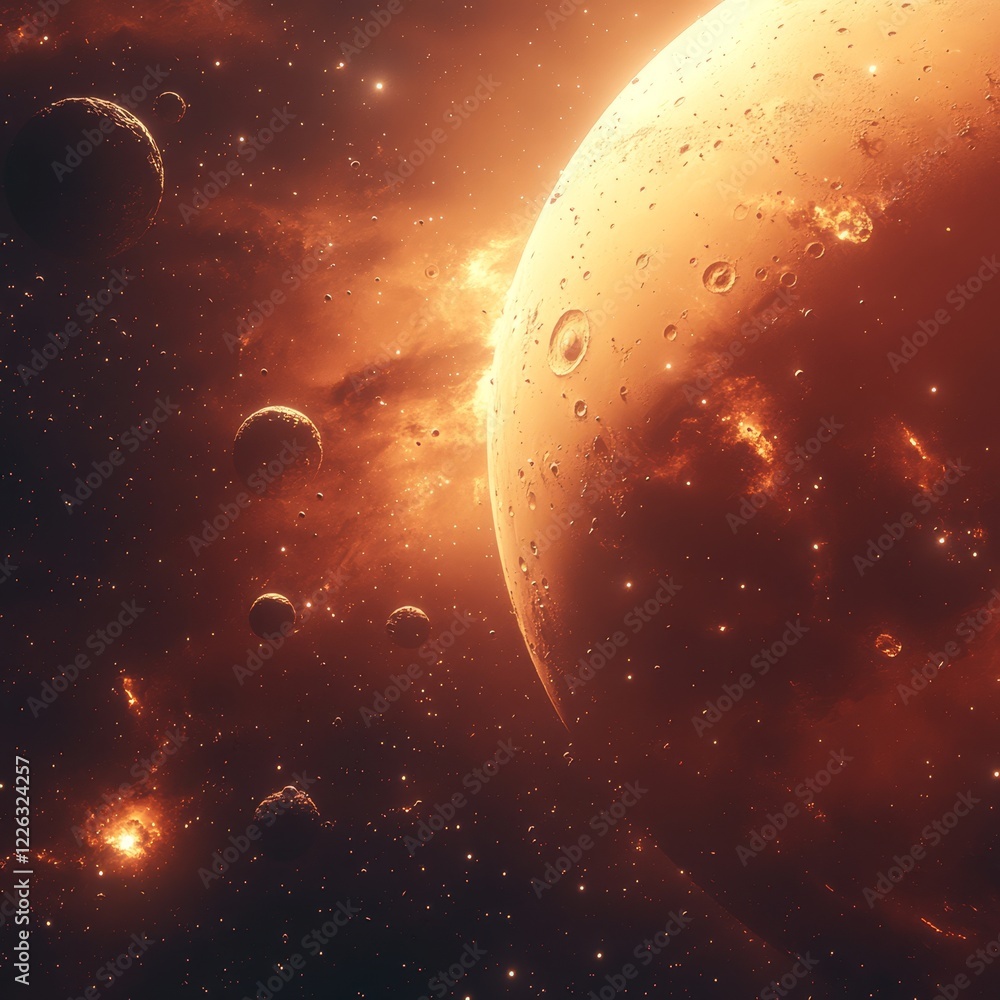 Poster fiery orange planet with asteroids and nebula in space.