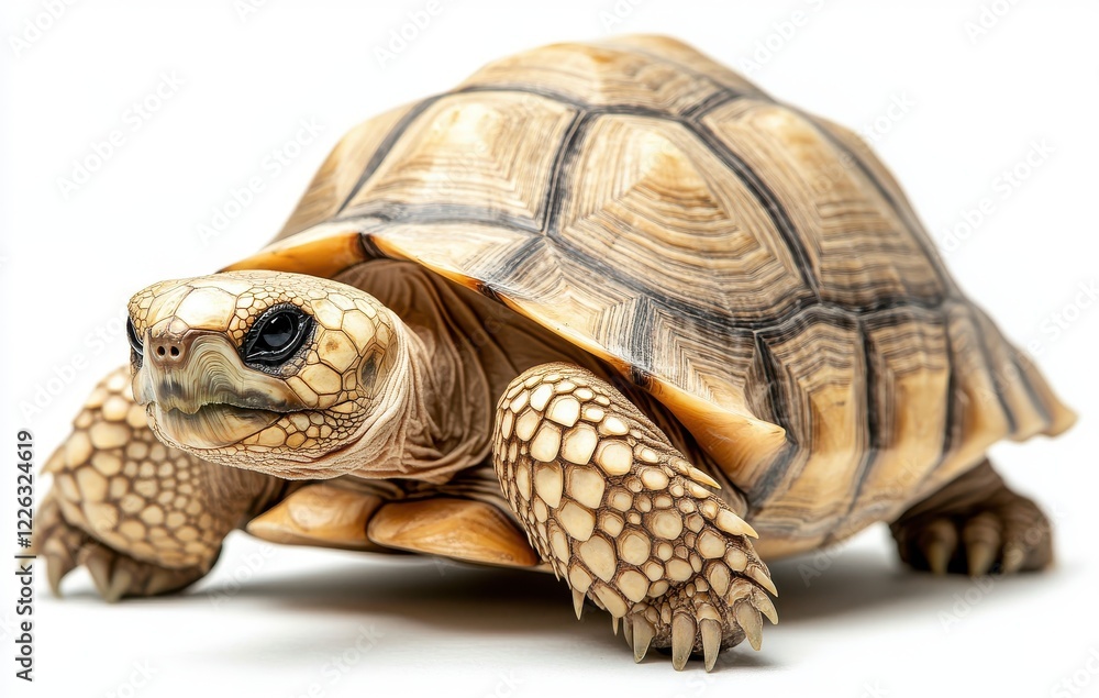 Poster close-up of a beautiful tortoise with intricate shell patterns and a curious expression on a clean w