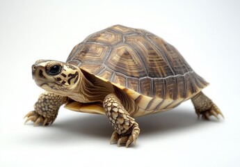 Obraz premium Close-Up of a Beautiful Tortoise with Intricate Shell Patterns on a White Background, Perfect for Nature and Wildlife Photography Collection