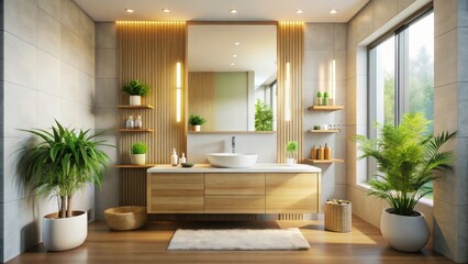 Fototapeta premium Minimal Bathroom Vanity with Tilt-Shift Photography - Contemporary Design, Clean Lines, Elegant Fixtures, Natural Light, Compact Spaces, Stylish Accessories, Modern Aesthetics, Serenity, Relaxation