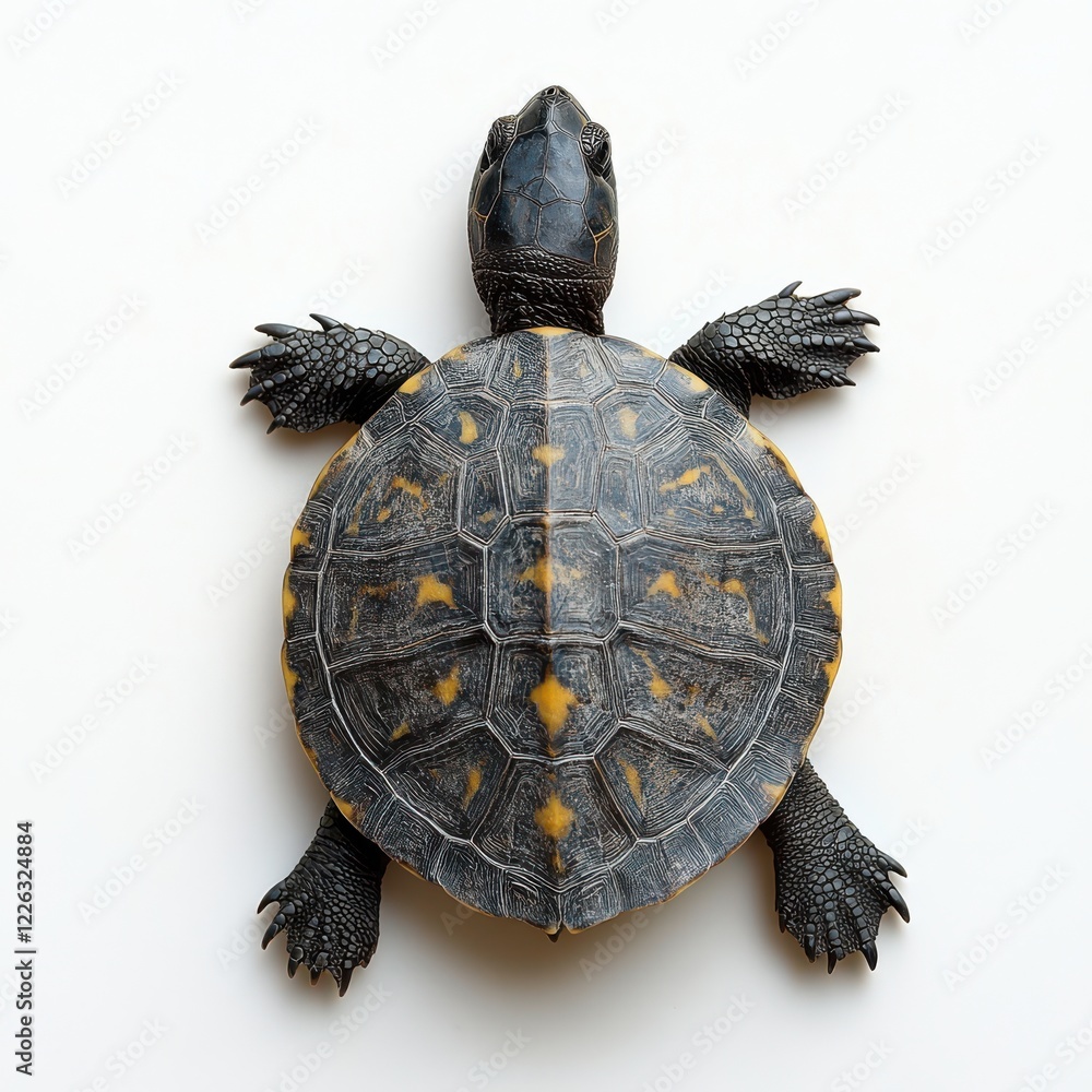 Poster close-up of a beautiful turtle with a patterned shell resting on a white surface, highlighting its u
