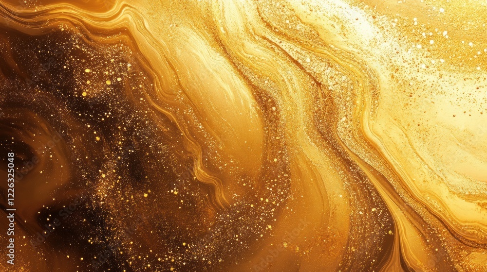 Poster fluid art marbling paint creates rich golden textures and patterns in a mesmerizing display