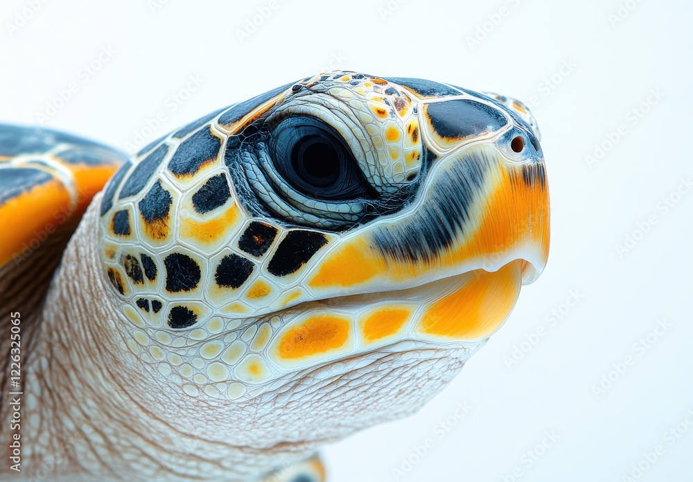 Poster close-up of a colorful marine turtle face with intricate patterns and vibrant colors, captured in na