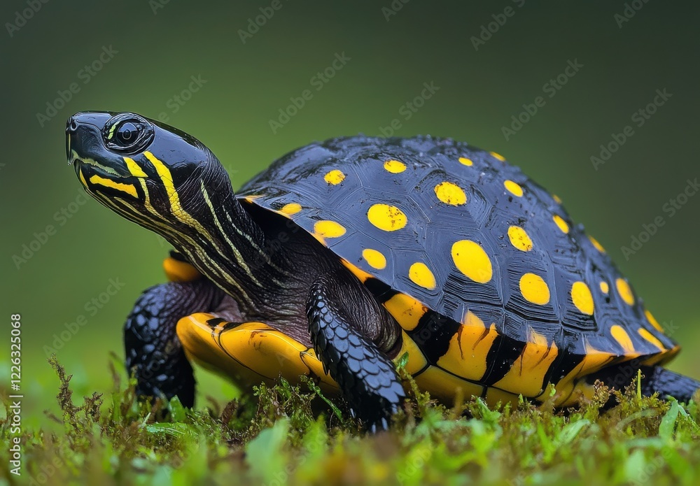 Poster close-up of a colorful and striking turtle with yellow spots on shell in a lush green environment wi